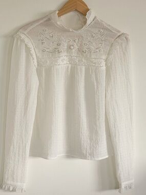 H&M White High-Neck Embroidered Lace Yoke Blouse